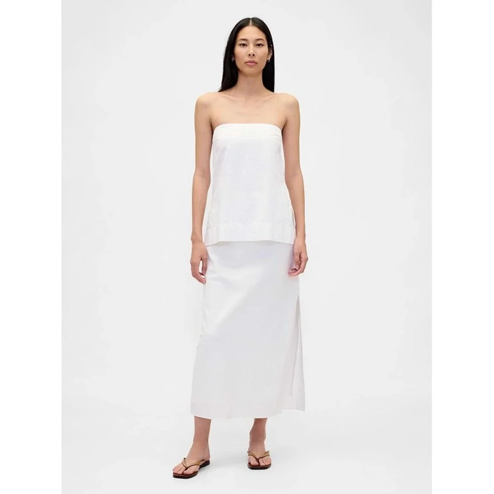 Gap White Linen Blend Drawstring Midi Skirt Side Slit Size S/P